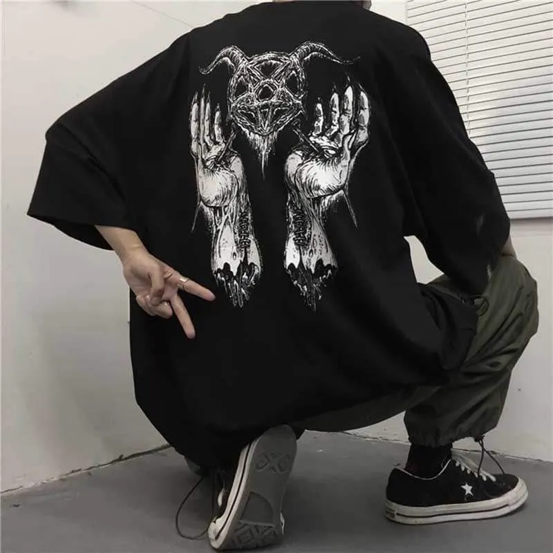 NiceMix  Girls Harajuku Loose Short Sleeve Women T-shirts Devil Star Hand Print Women T Shirt Crew Neck Lady T-shirt Top Tees 1118