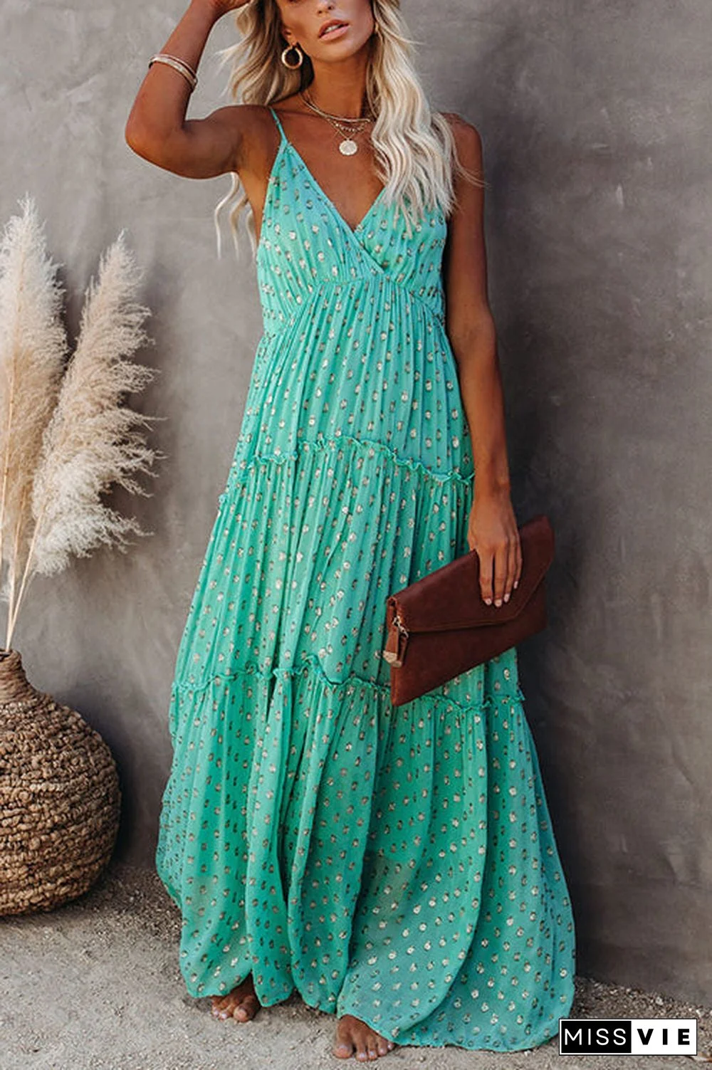 Vacation Mood Metallic Polka Dot Maxi Dress