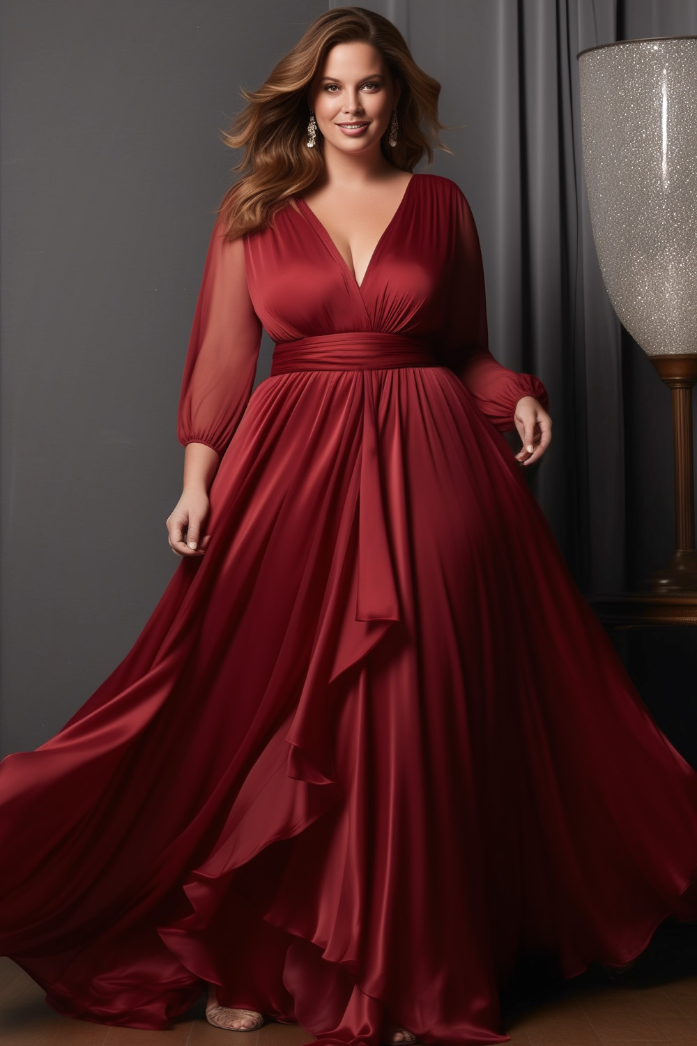 Flycurvy Plus Size Wedding Guest Burgundy Satin Wrap Lantern Sleeve Asymmetrical Hem Maxi Dress