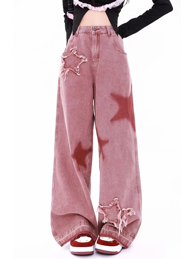 Bayoumowers Women's Pink Jeans Letters Printed High-waisted American Street Wide Leg Pants Hip-hop Fashion Retro Straight Y2K Winter Pants