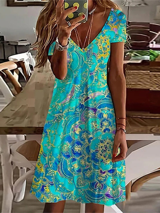 Ocean Blue Mandala Print Short Sleeve Knee-Length Midi Dress