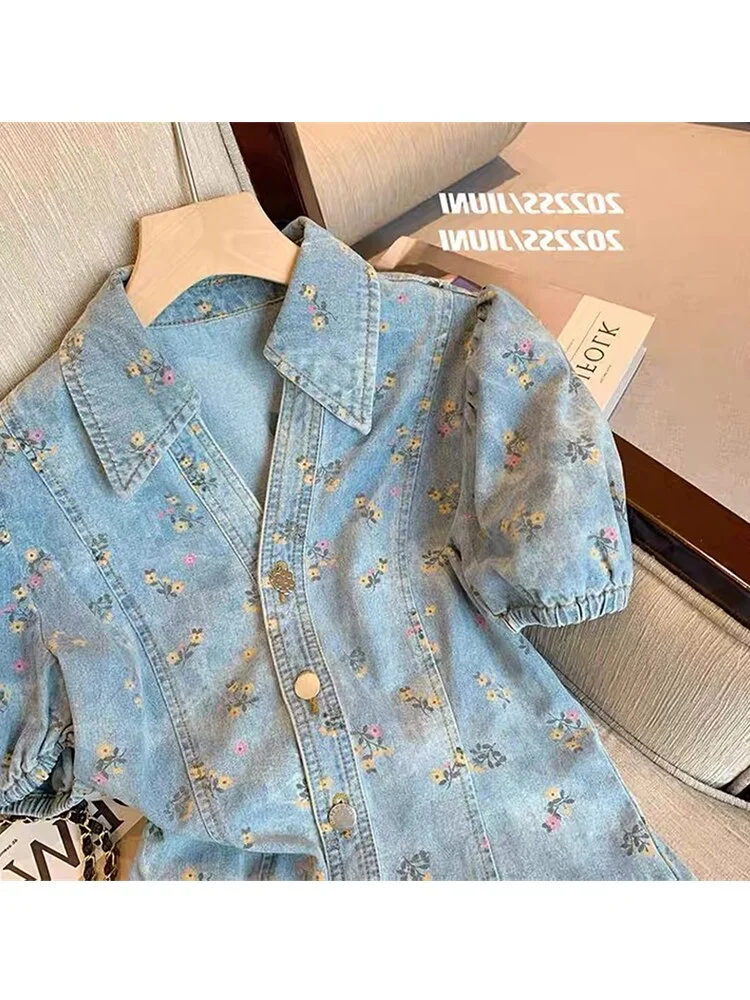 2022 New Summer Women Polo Neck Blue Denim Single-breasted Dress Sweet Floral Print Design Short Sleeve Korean Fashion Mini Tide