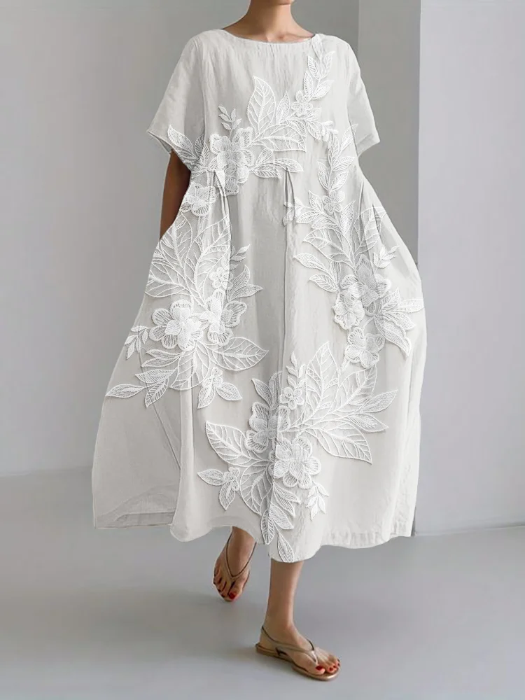 Classy 3D Floral Embroidered Lace Linen Blend Maxi Dress