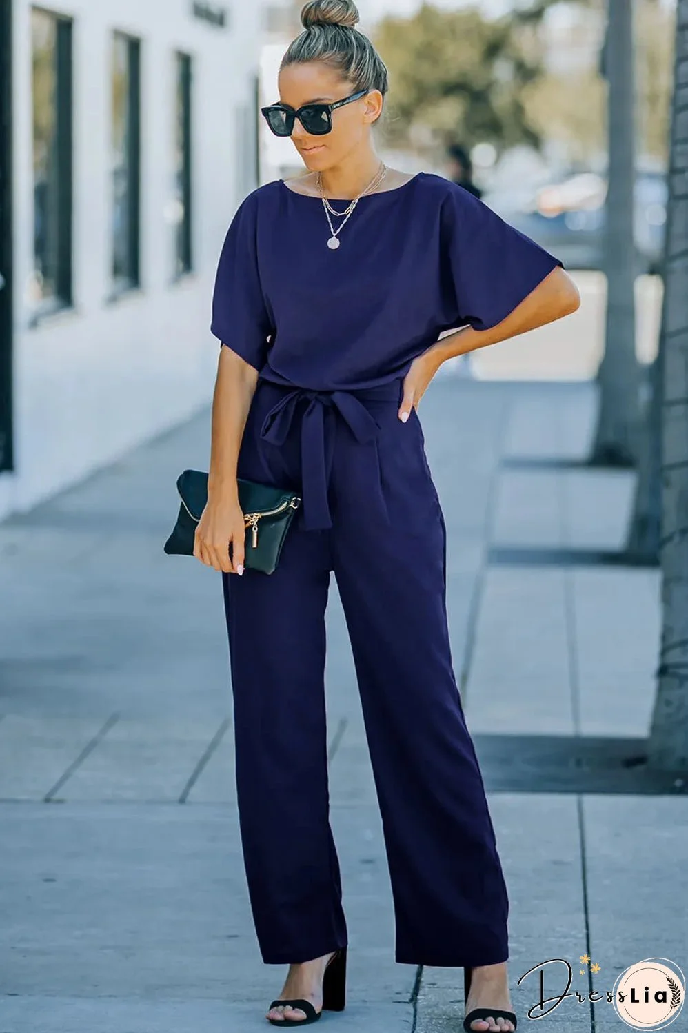 Blue Belted Wide Leg Jumpsuit