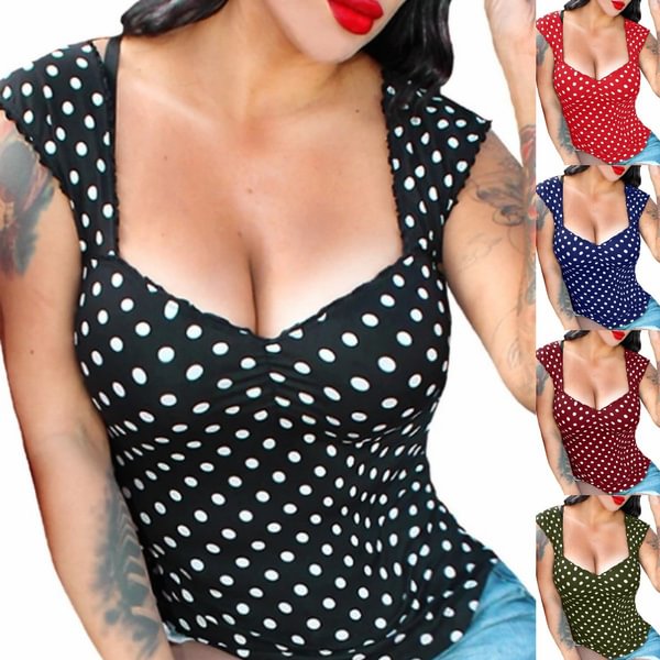 Women's Sexy Deep V-neck Gothic Dots Print Bodycon Shirt Tops Plus Size Sleeveless Slim Fit Blouses S-5XL - BlackFridayBuys