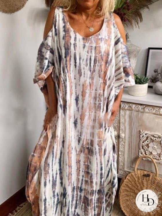 Dresses Loose Tie-Dye Printed Off-The-Shoulder Long Sleeve Dress for Women