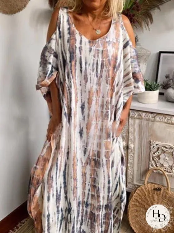 Dresses Loose Tie-Dye Printed Off-The-Shoulder Long Sleeve Dress for Women