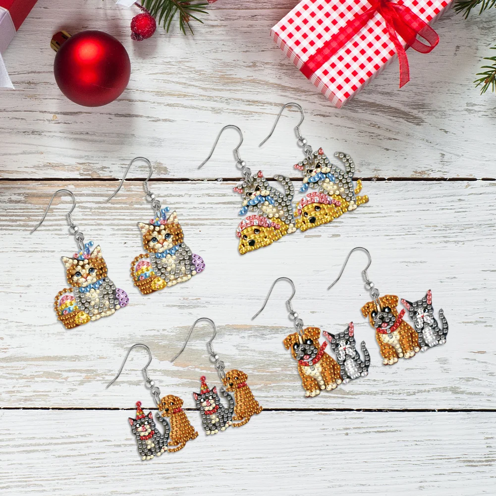 4 Pairs Cat Dog Double Sided Diamond Painting Earrings DIY Earrings Making Kit