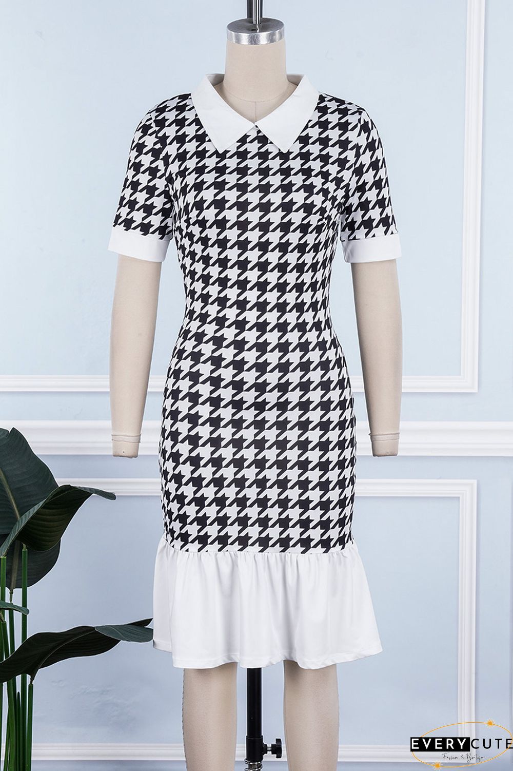 Multicolor Casual Print Patchwork Turndown Collar Short Sleeve Dress