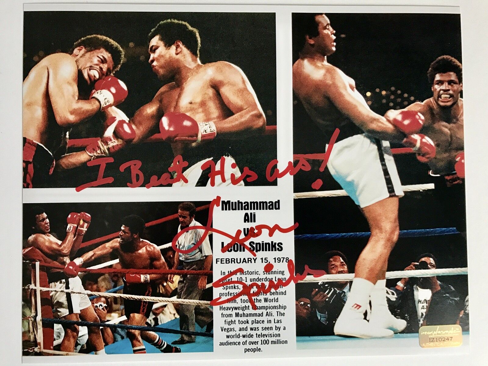 Leon Spinks Signed 8x10 Inscribed I Beat His A$$