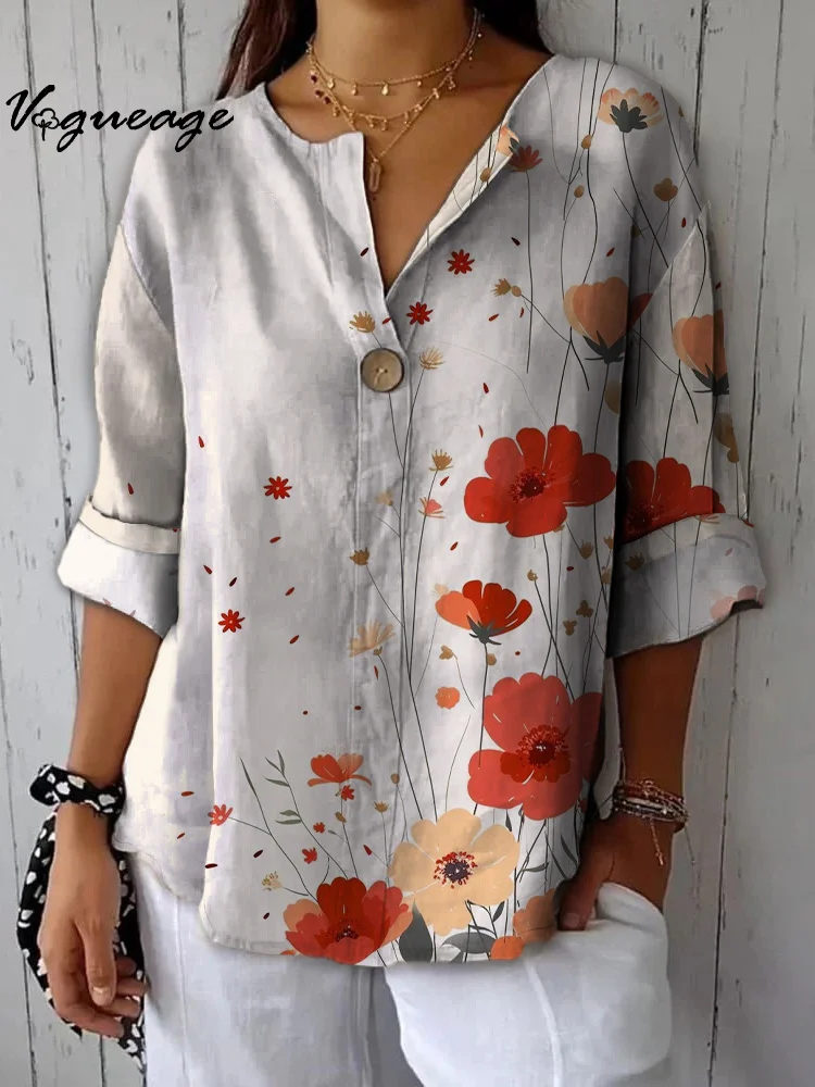 Simple Gentle And Elegant Flowers Printed Cotton And Linen Shirt