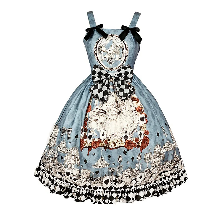 Gothic Print Bow Lolita Suspender Dress - Modakawa Modakawa