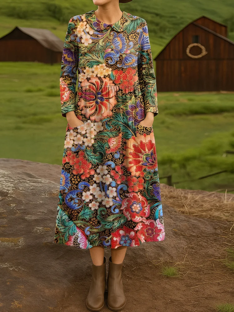 Women's Ethnic Floral Art Print Cotton Lapel Button-Down Shirt Dress