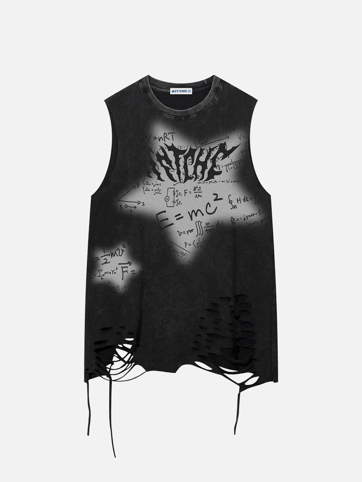 Black Act Chic Physical Formula Print Distressed Vest Front