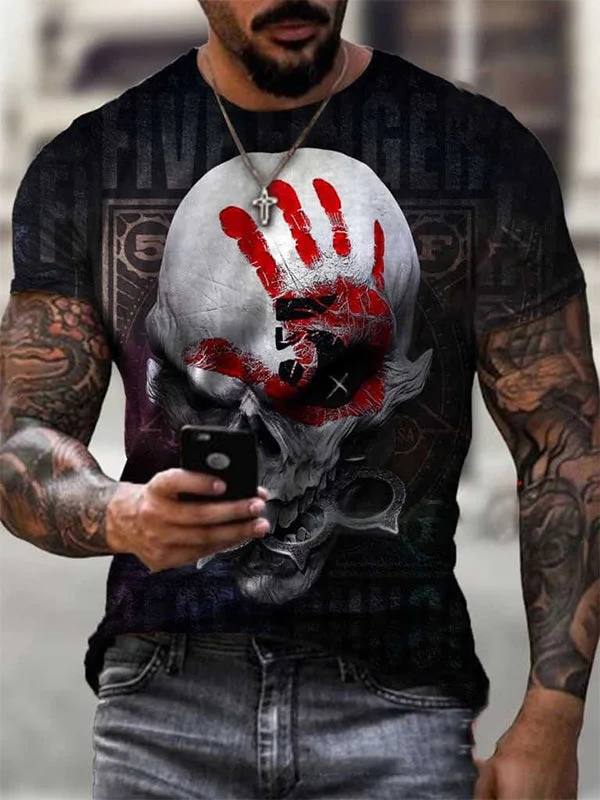 Skeleton Bloodhand Printed Round Neck Loose T-shirt
