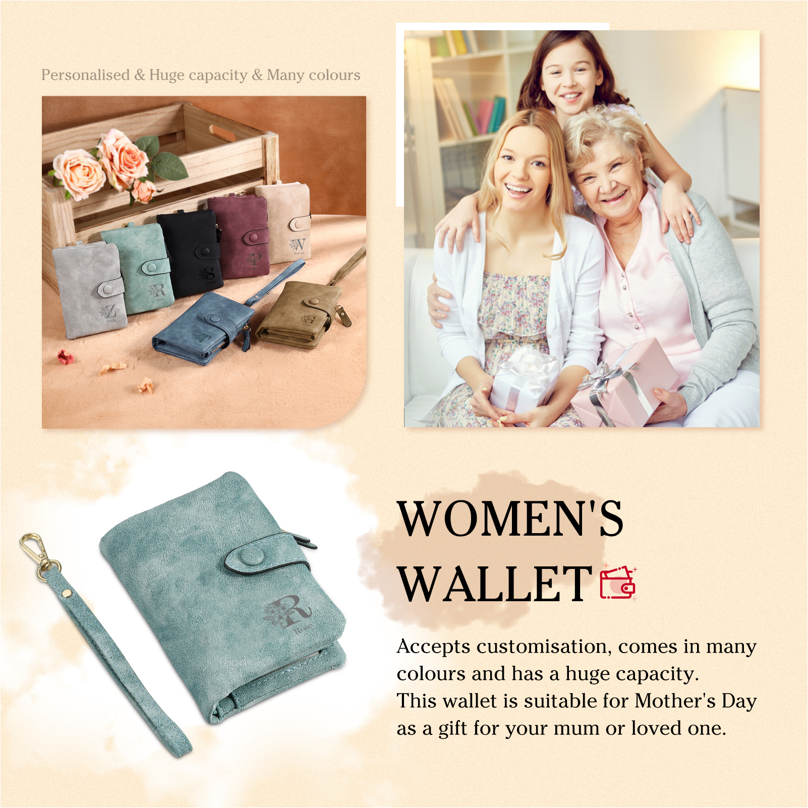 Portafoglio in PU pelle albero di vita con 8 letetre & 1 testo & 1 nome personalizzati per mamma/nonna