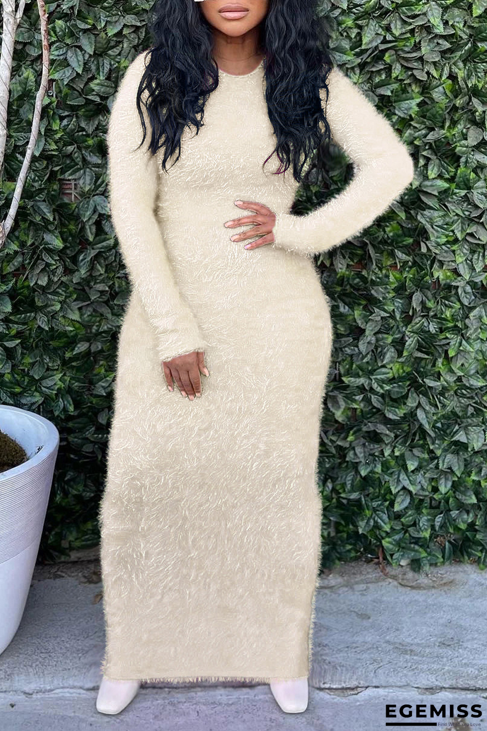 Beige Street Solid Patchwork O Neck Pencil Skirt Dresses | EGEMISS