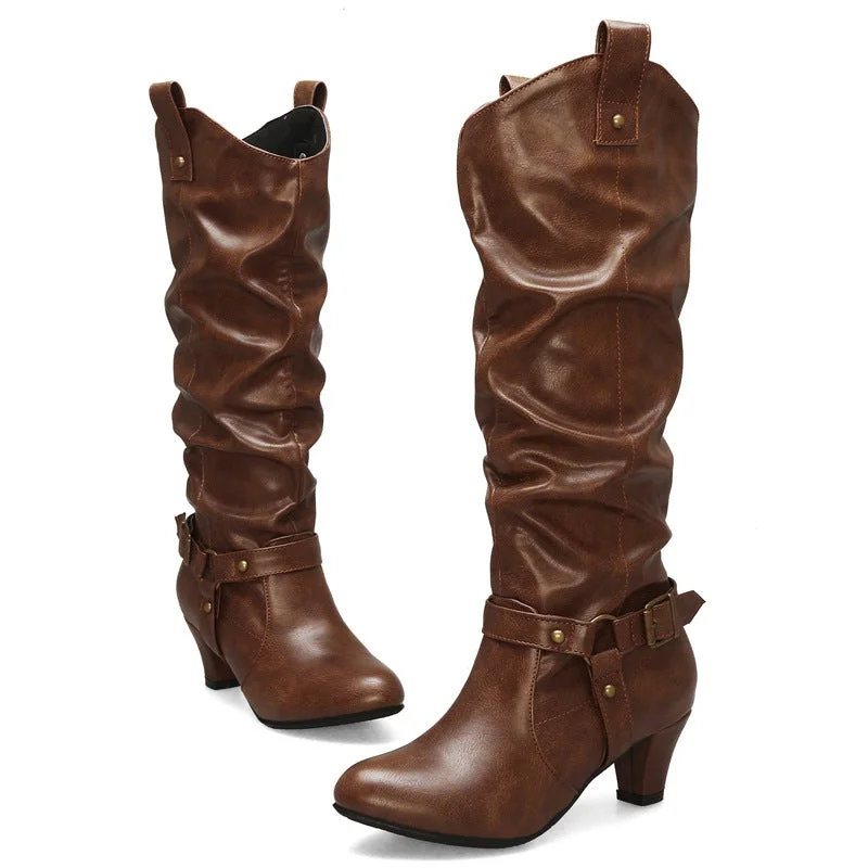 High Quality Woman Pleated Leather Vintage Boots