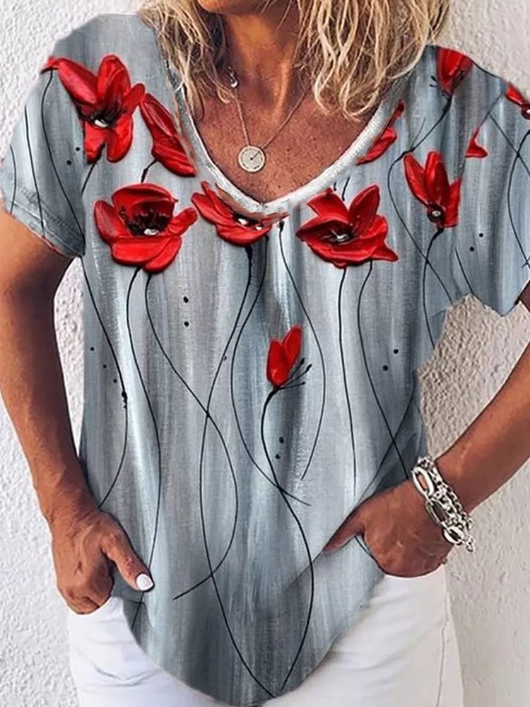Floral Print V-Neck Short Sleeve Women's T-Shirt socialshop