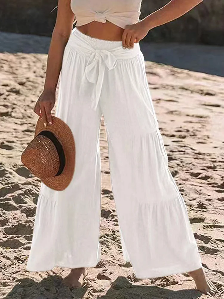 Casual Plain Spliced Gathered Loose Wide Leg Belted Pants