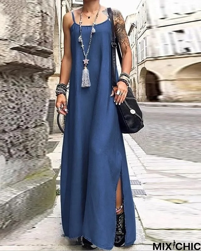 Women's Strap Dress Maxi Long Dress Sleeveless Solid Color Summer Casual Dusty Blue Light Blue