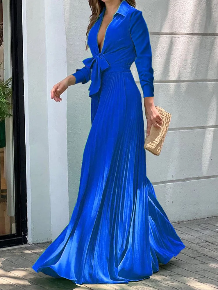 Fashion V Neck Bow Pleated Wide Leg Jumpsuit