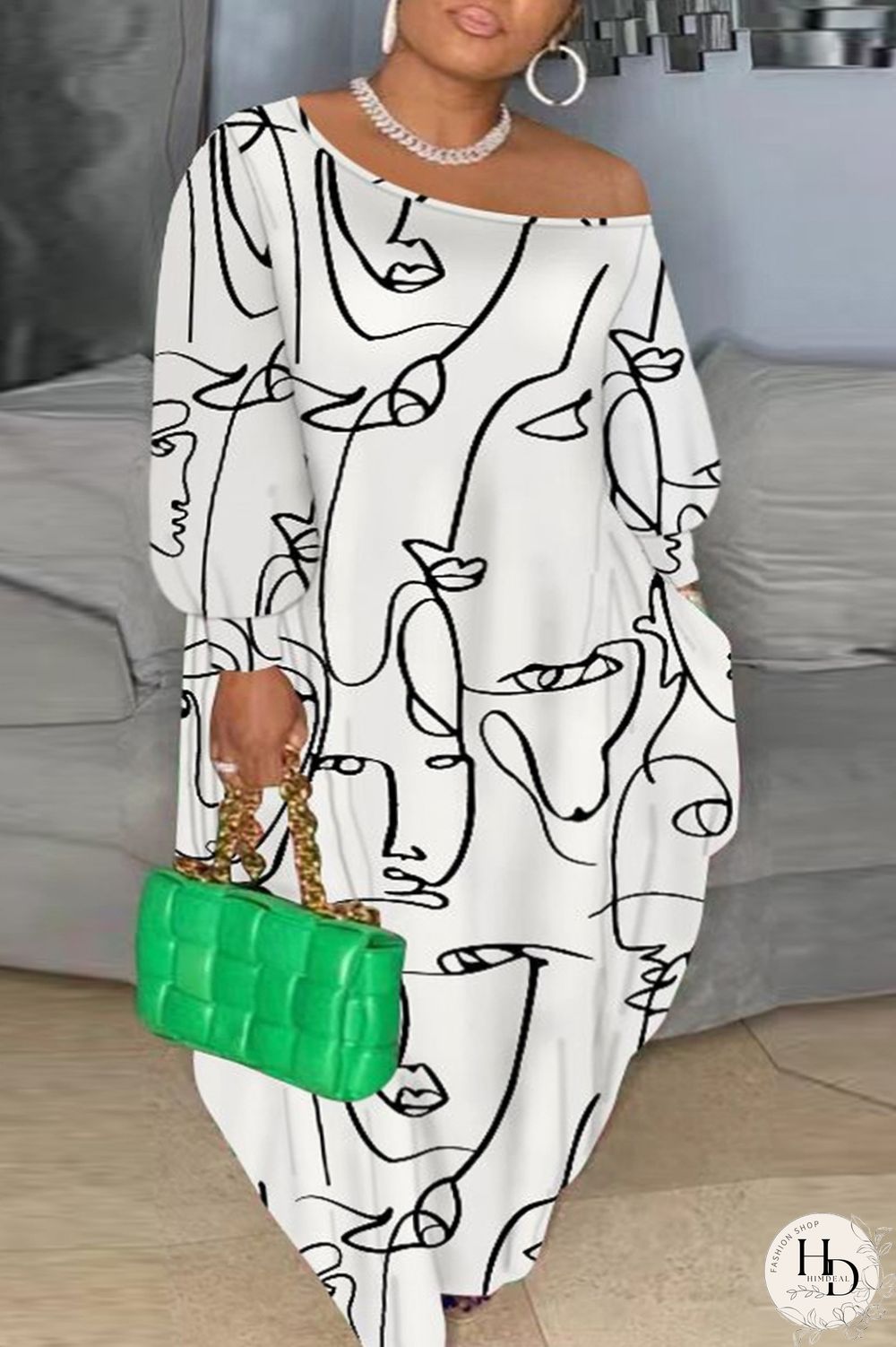 White Casual Print Patchwork O Neck Printed Dress Plus Size Dresses