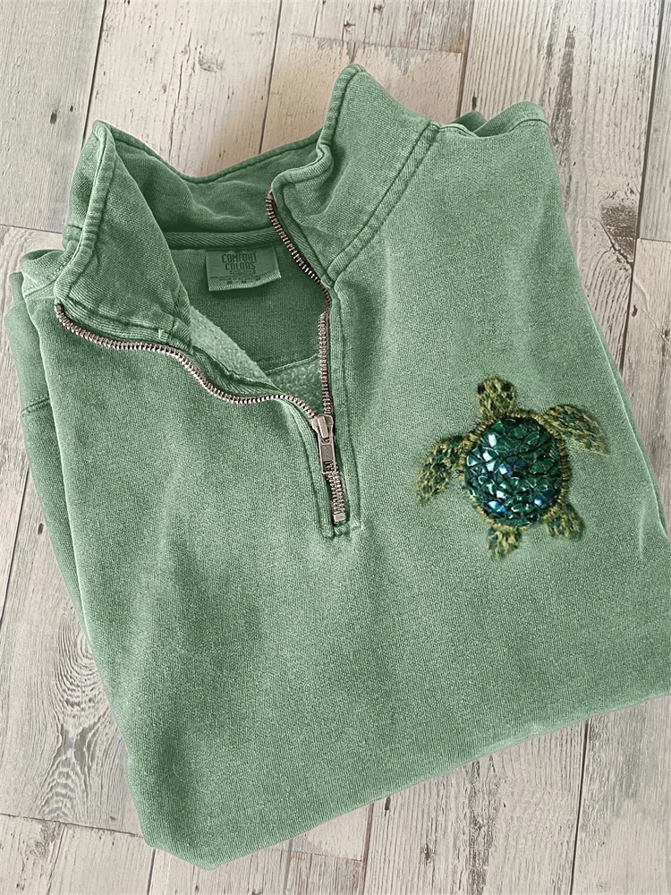 Sea Turtle Beaded Embroidery Art Zip Up Sweatshirt