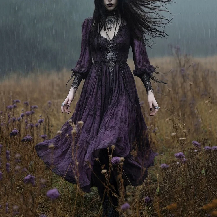 Gothic Embroidered Pattern Long-sleeved Midi Dress