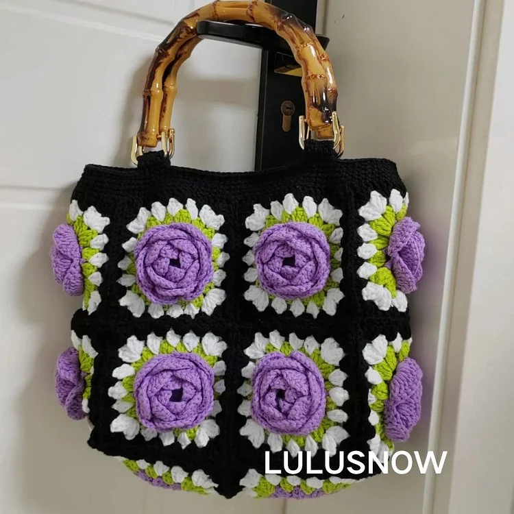 Lulusnow Handmade Purple 3D Camellia Granny Square, Floral Elegance Small Crochet Purse, Handmade Crochet Bag with Bamboo Handles Crochet Hand Bag
