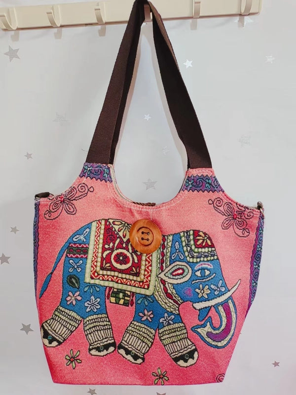 Women’s Large Canvas Elephant Ethnic Style Square Zipper Shoulder Bag