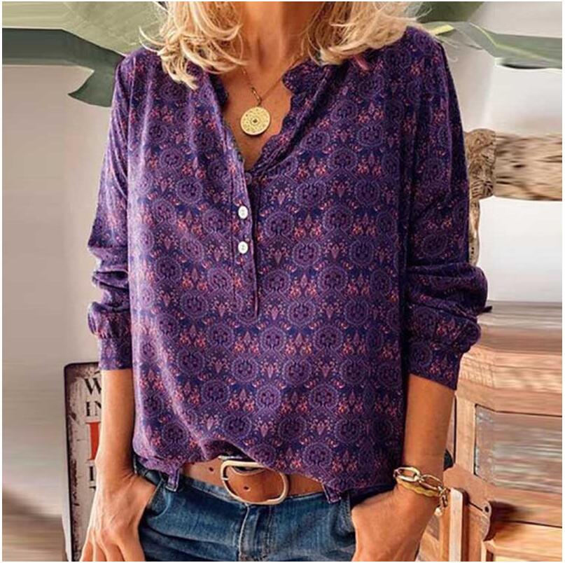 Autumn Women Vintage Print Button Elegant V Neck Pullover Casual Tops