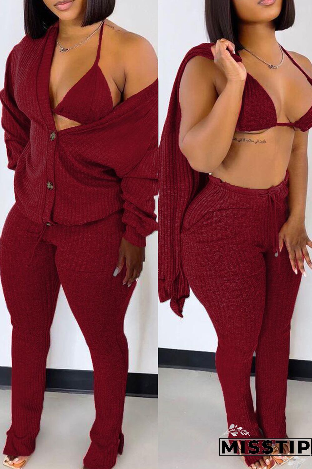 Blue Fashion Casual Solid Cardigan Vests Pants Long Sleeve Three-piece Set