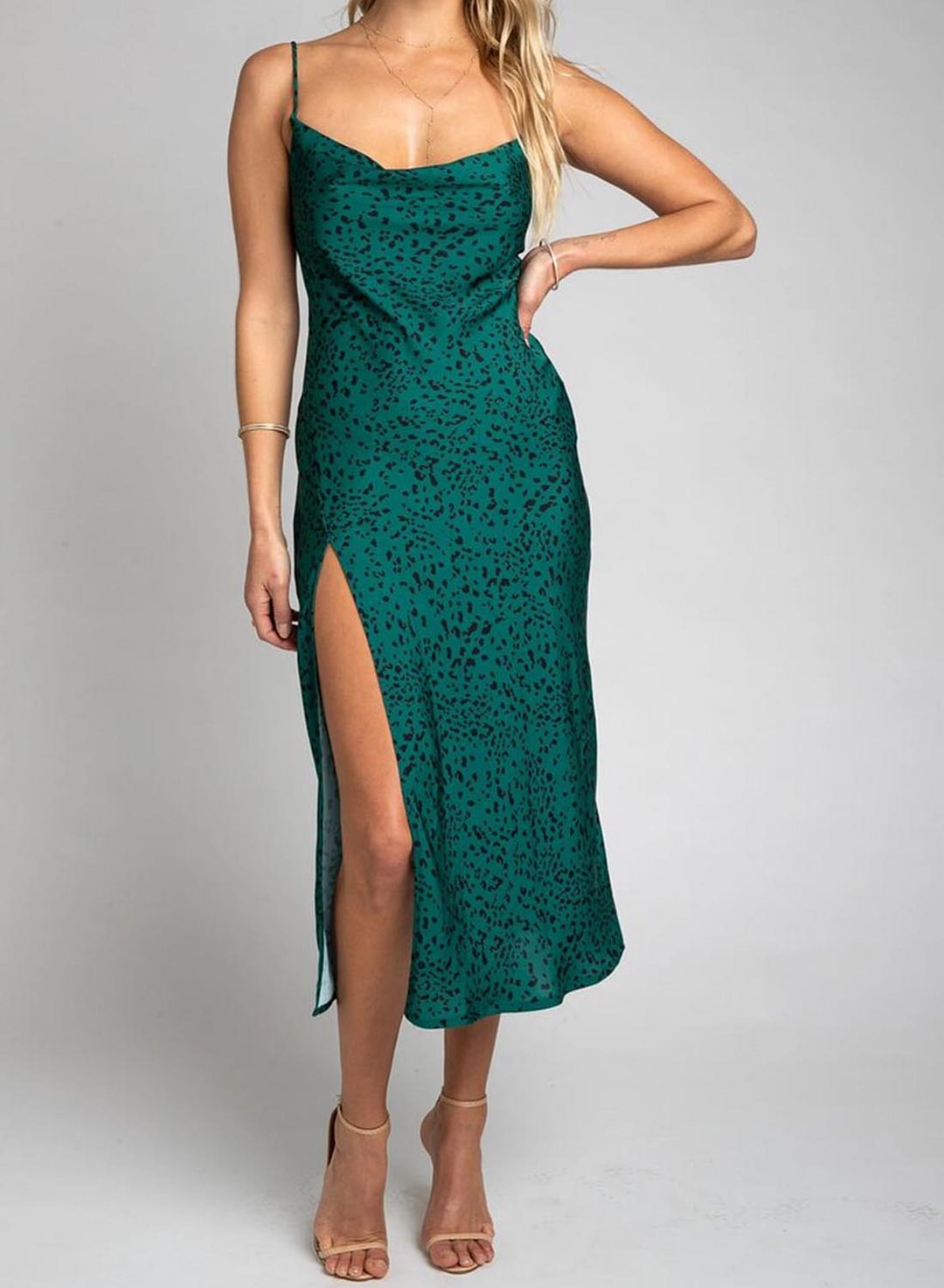 Women's Dresses Satin Leopard Print Split Backless Cami Midi Dress
