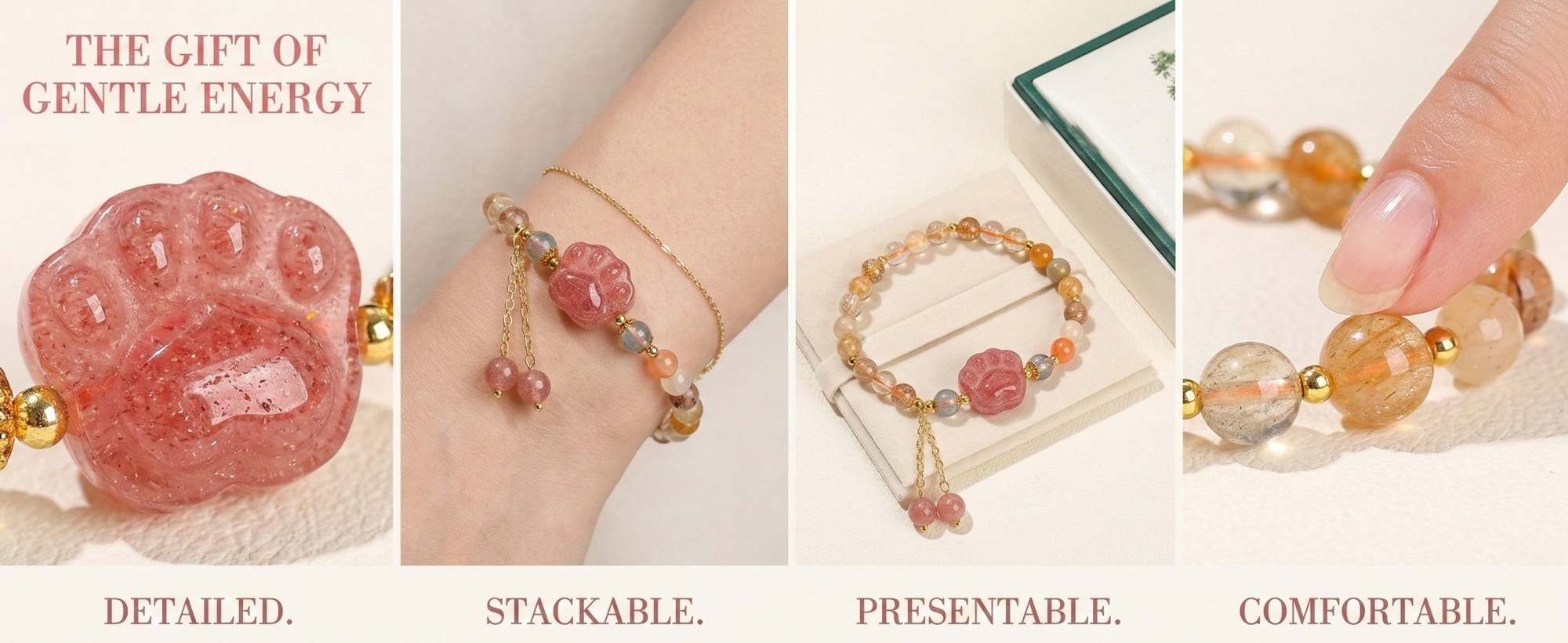 Strawberry Quartz Cat Paw with Color Rutilated Quartz Bracelet