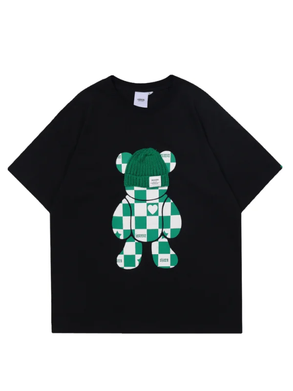 Street Fashion Checkered Bear with Knitted Hat Oversize T-shirt