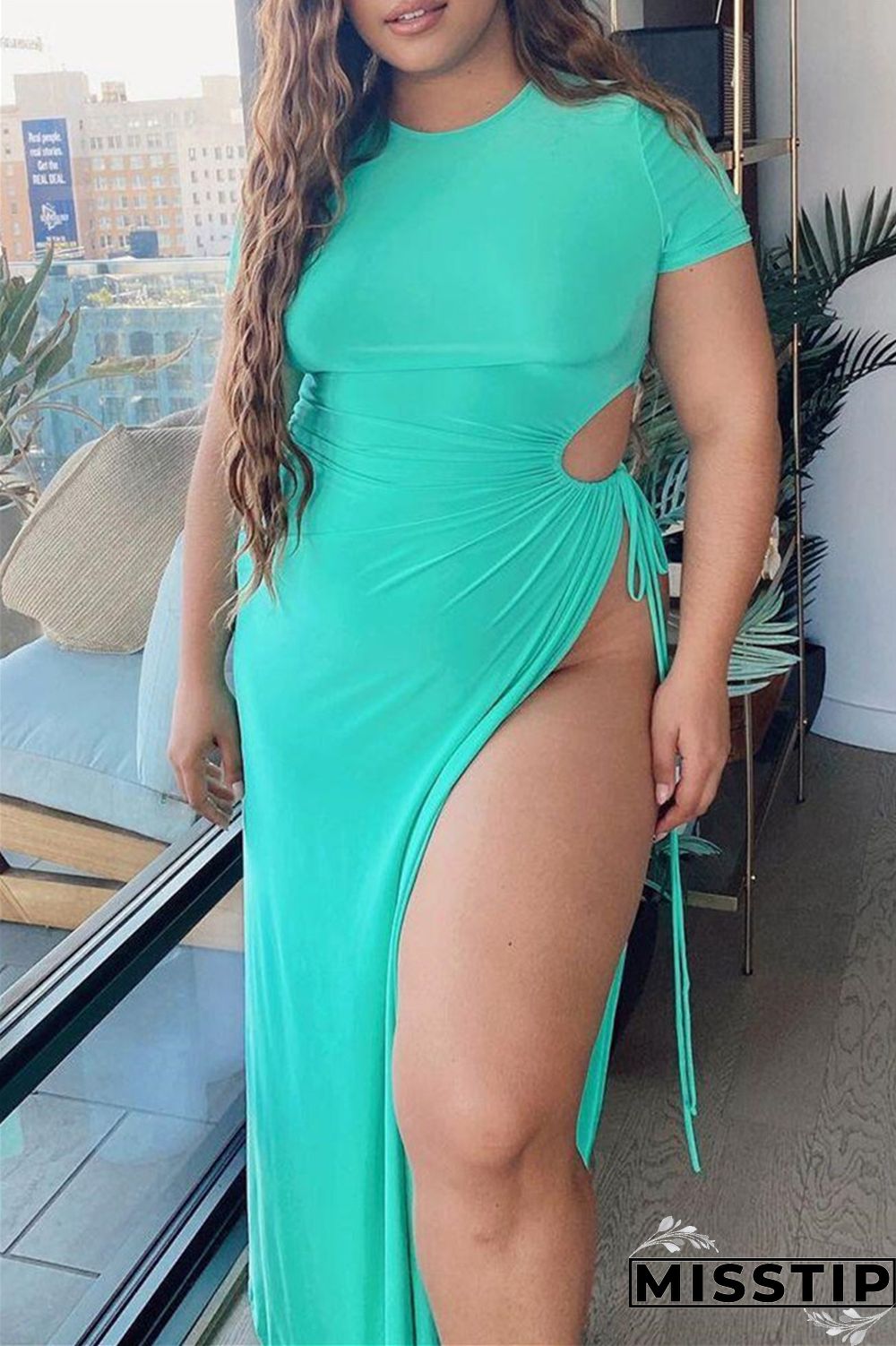 Orange Fashion Sexy Plus Size Solid Hollowed Out Slit O Neck Short Sleeve Dress