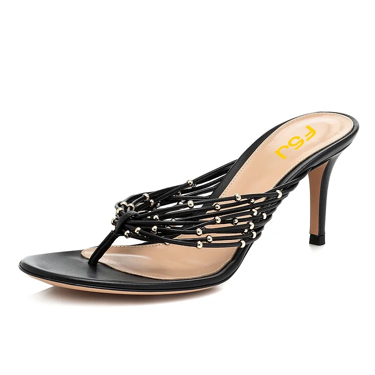 Black Mule Heels Thong Sandals |FSJ Shoes