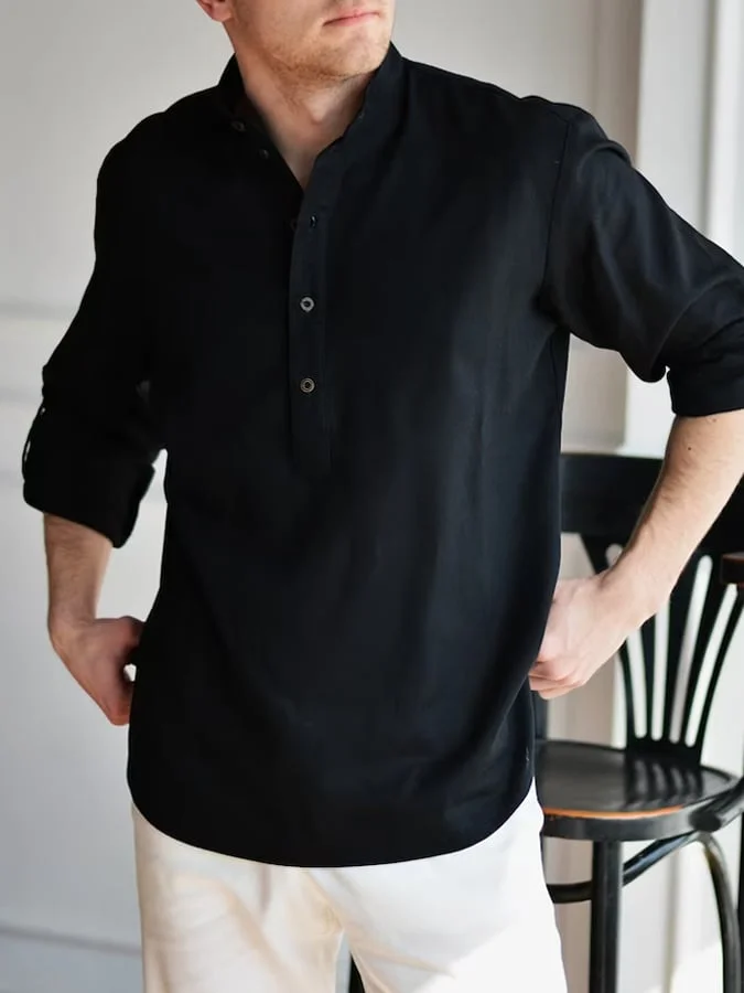 Men's Casual Simple Linen Henley Collar Shirt