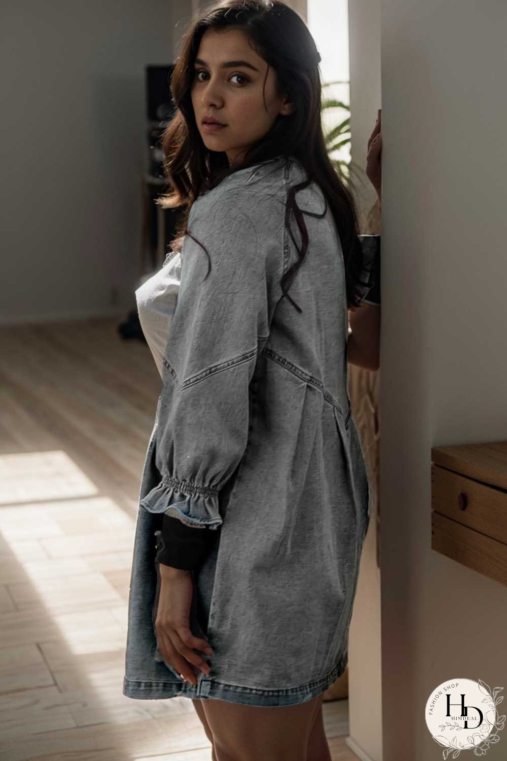 down loose short sleeve denim jean dress drop shoulder a line paneled peasant closed bateau v neck dress