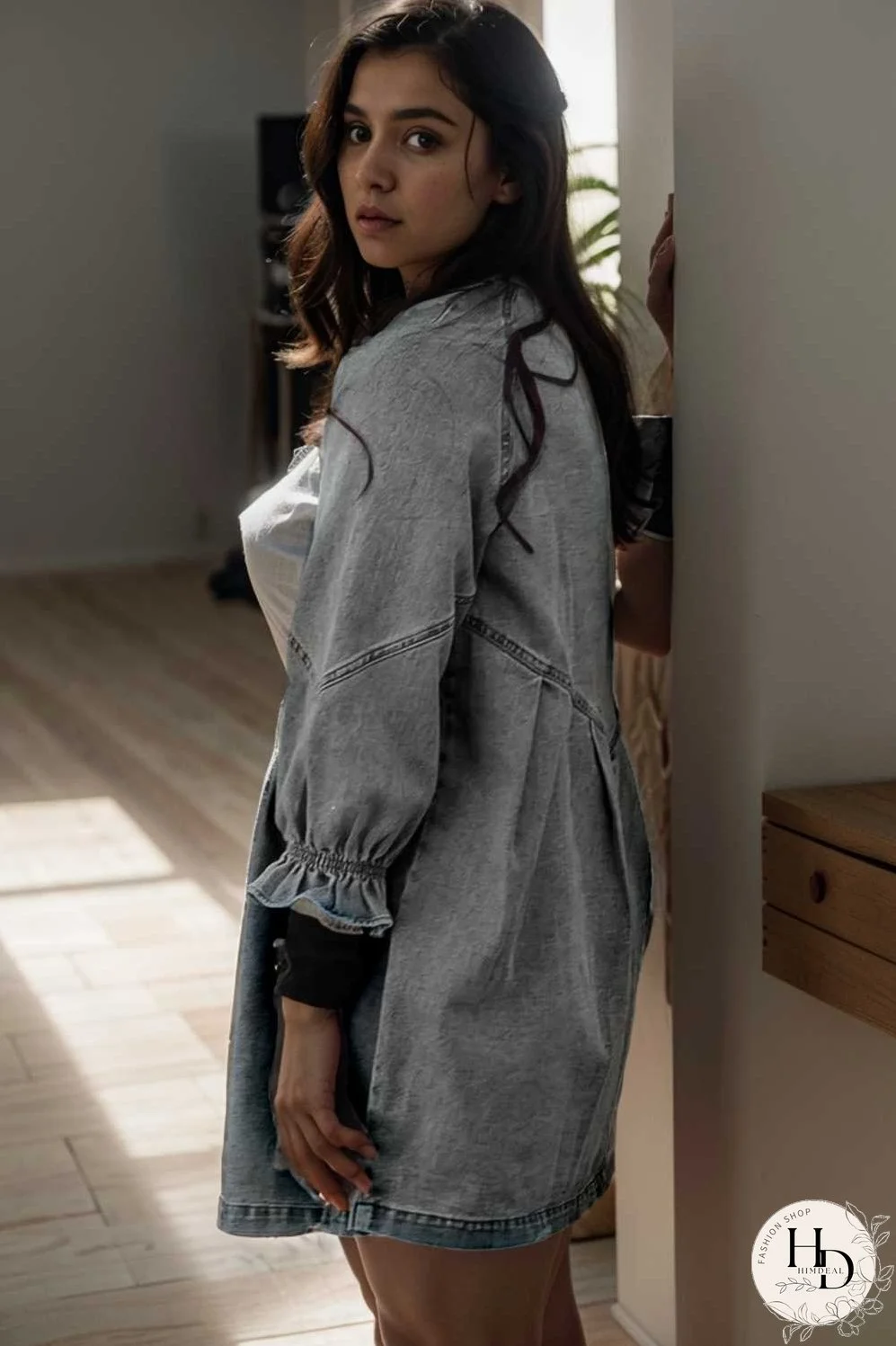 down loose short sleeve denim jean dress drop shoulder a line paneled peasant closed bateau v neck dress