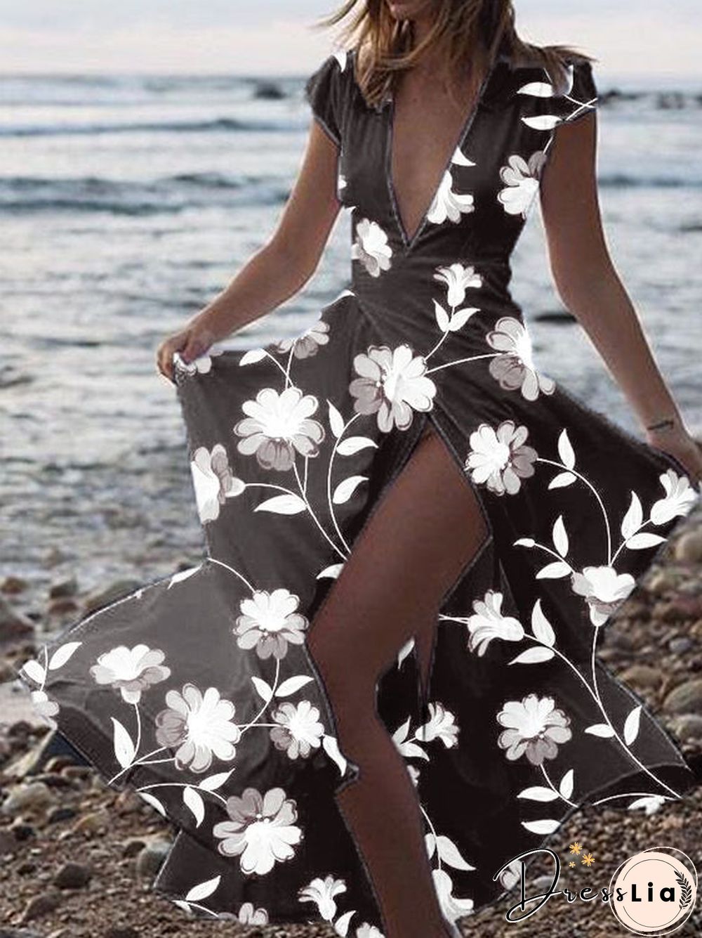 Printed V-Neck Split Beach Casual Dress