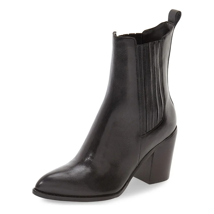 Black Block Heel Boots Pointy Toe Commuting Chelsea Boots |FSJ Shoes