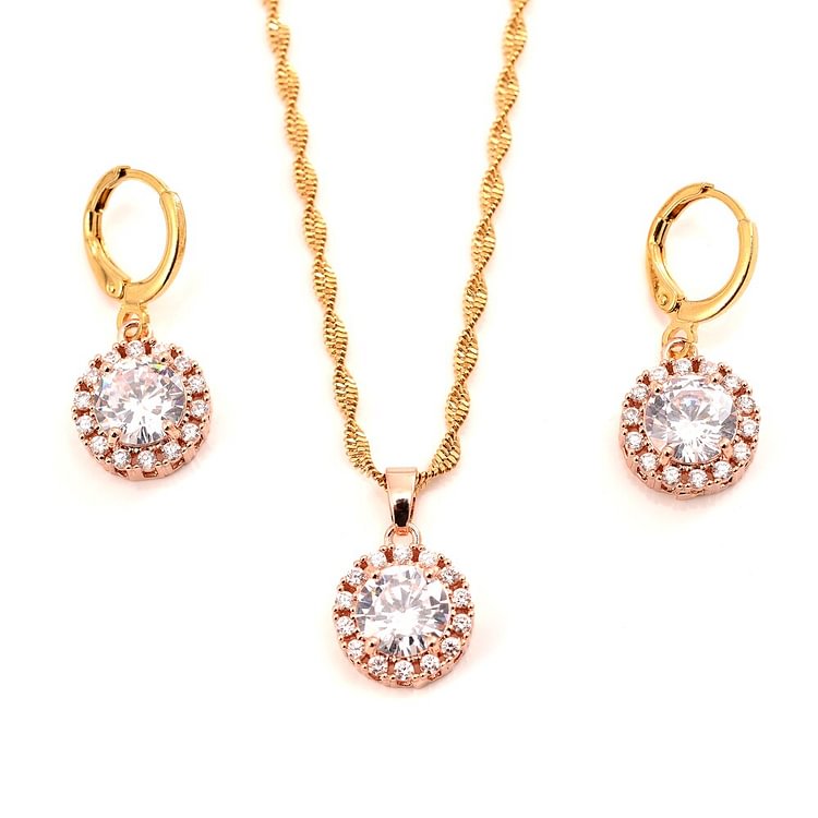 Hot Sale copper jewelry Sets CZ pink  crystal Fashion round Jewelry sets Women