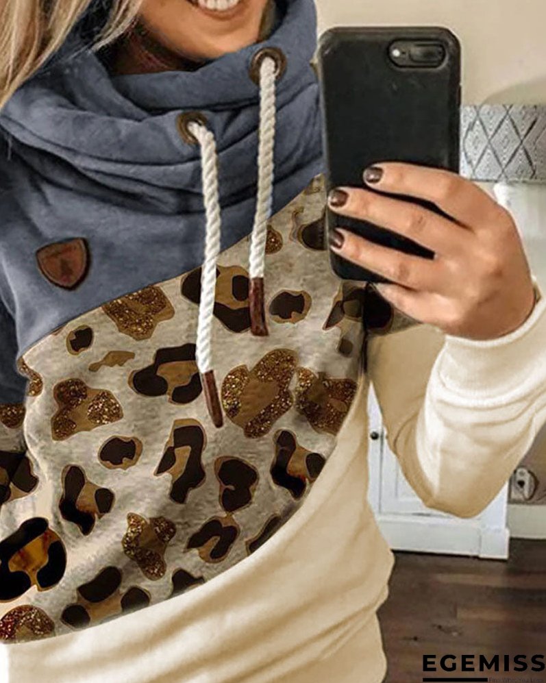 Lantern Sleeve Colorblock Leopard Print Hooded Top | EGEMISS