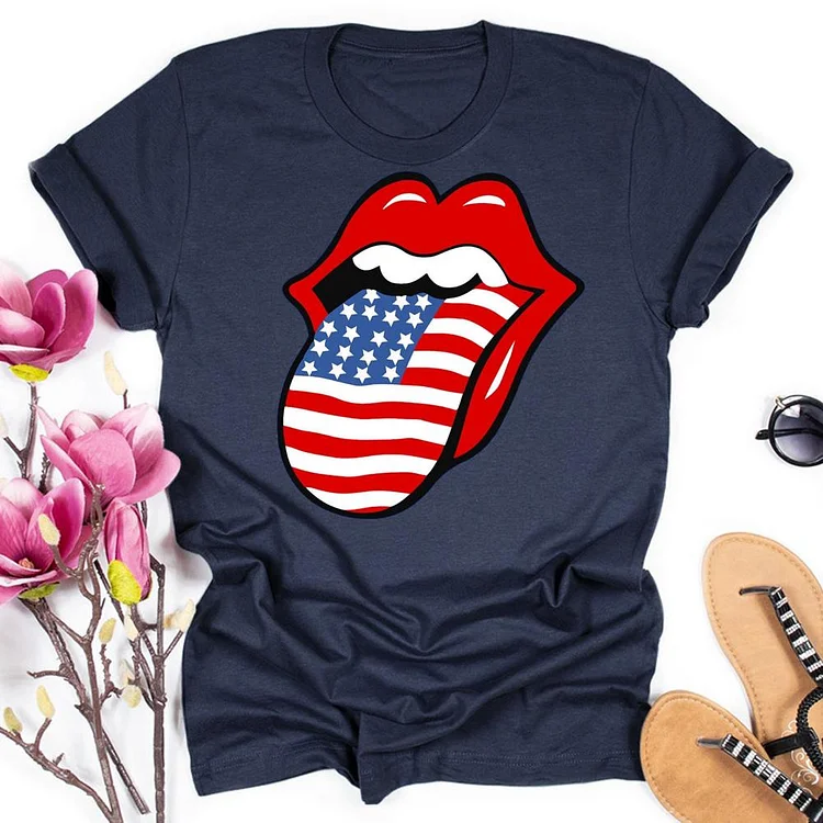 American Flag Lips Round Neck T-shirt-018165