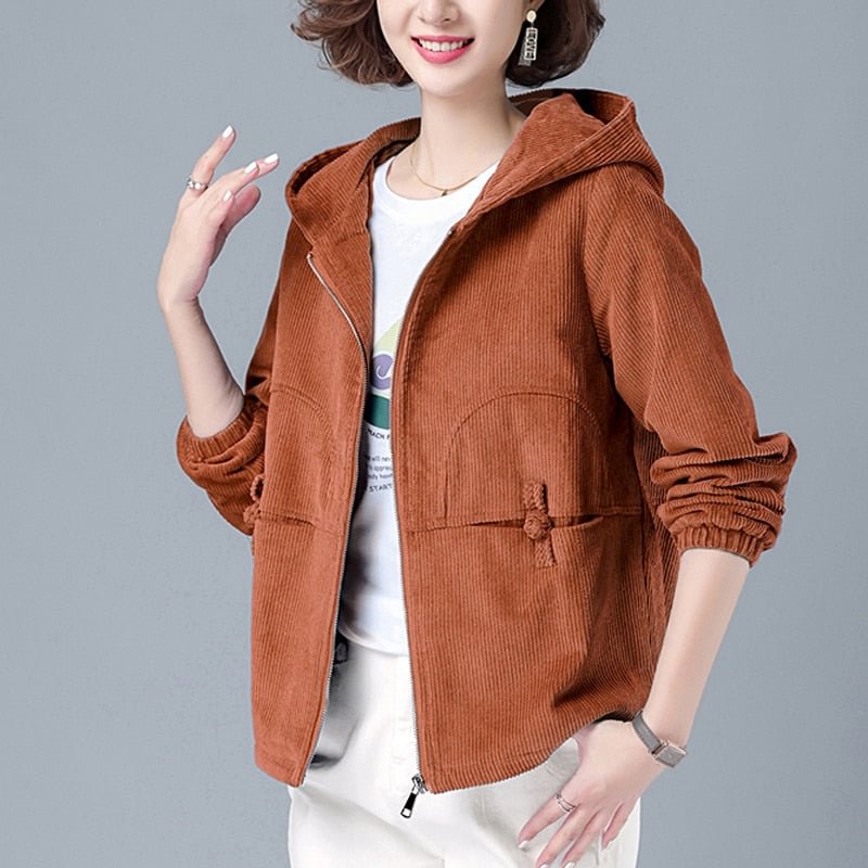 Zoki Autumn Women Corduroy Jacket Fashion Hooded Zipper Loose Female Coat Causal Plus Size Korean Long Sleeve Ladies Outwear