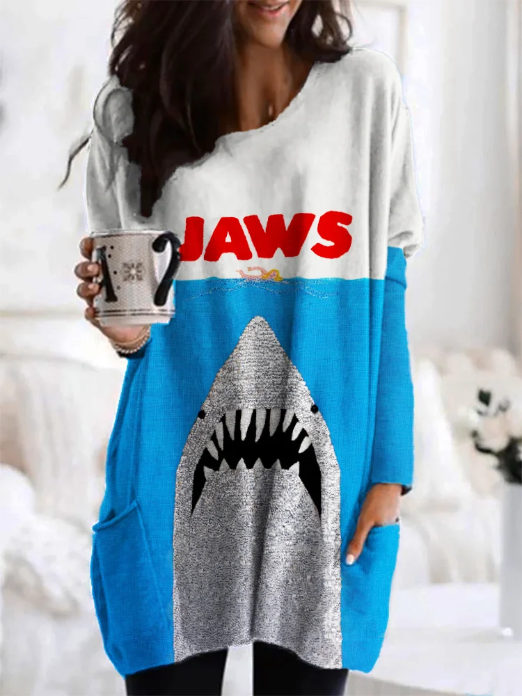 Ocean Killer Shark Jaws Print Oversize Long T-Shirt