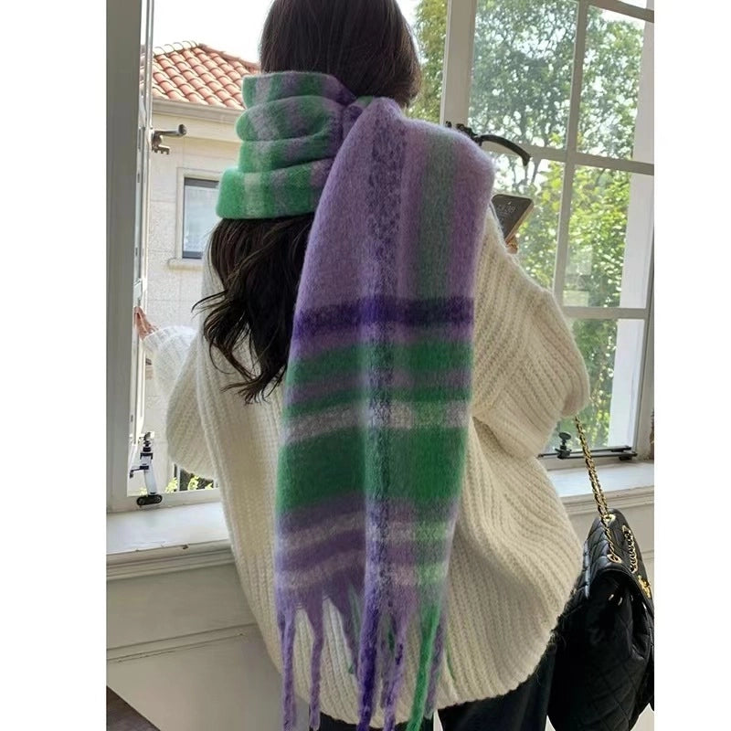 Autumn And Winter Thickened Scarf Women’s Korean-style Rainbow Plaid Tassel Mohair Shawl Student Versatile Warm Scarf Fashion
