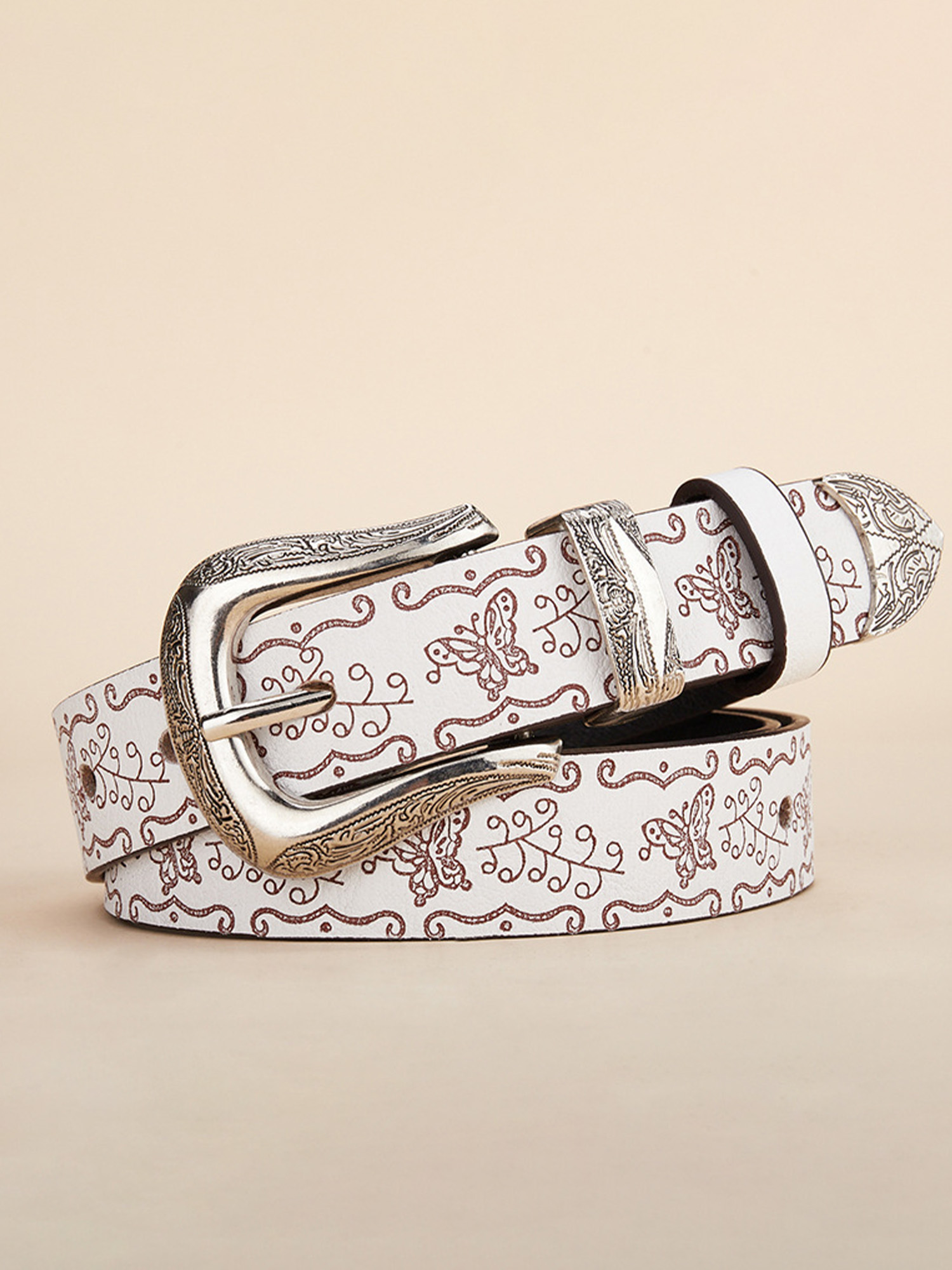 Western Accessory &mdash; White Butterfly Engraved Leather Buckle Belt